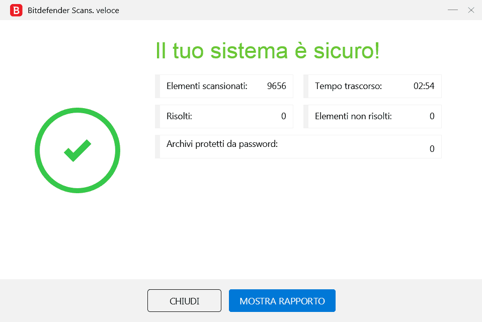 risultato scansione rapida Bitdefender Internet Security 2020