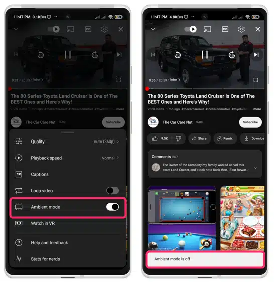abilitare o disabilitare ambient mode youtube android